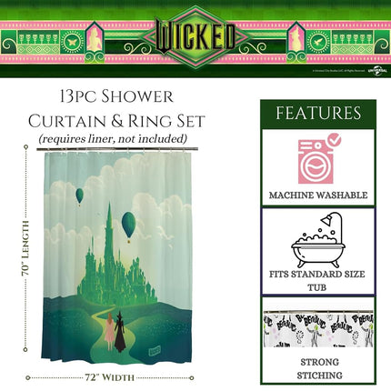 Franco Collectibles Wicked Elphaba & Glinda 13 Piece Microfiber Shower Curtain and Ring Set, 70x72, (Officially Licensed Product)