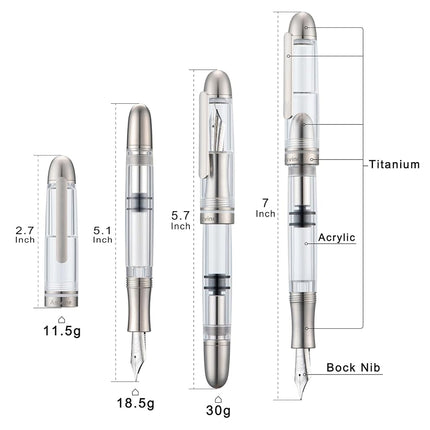 Asvine P36 Titanium Fountain Pen Piston Filling, Bock Fine Nib Clear Transparent Acrylic Smooth Writing Pen Case Set, Torpedo shape