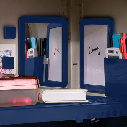 LockerMate Adjust-A-Shelf 6-Piece Locker Accessories Set, Extends to Fit Your Locker, Includes Storage Drawer, Mirror, Whiteboard, Storage Cup, Navy, Blue (50924KIT-NVY)