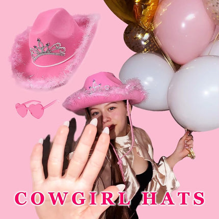 Cowgirl Hat Pink With Sequins & Tiara Crown for Women Rodeo Party Hats With Heart Glasses