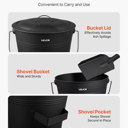 VEVOR Ash Bucket, 4 PCS with Lid, Shovel, Broom and Gloves, Metal Fireplace Charcoal Bucket and Ash Can, 9.8L Large Capacity for Fireplace, Fire Pits, Wood Burning Stoves, Indoor and Outdoor