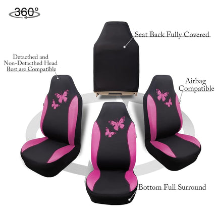 Flying Banner Butterfly car seat Covers ful Set Fashion Universal Lady Woman Female Rear Bench Split Colorized (2 Fronts, Pink)
