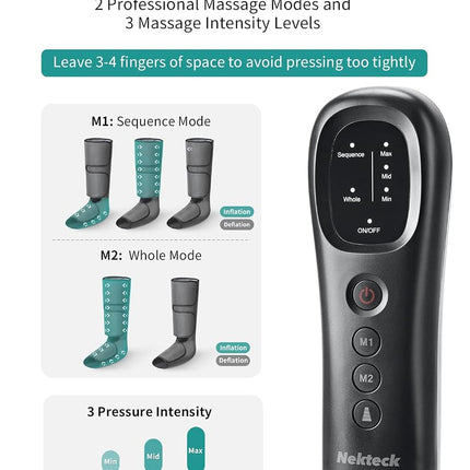 Masseur de jambes Nekteck avec compression d'air pour la circulation et la relaxation, appareil de massage des pieds et des mollets avec télécommande, 2 modes, 3 intensités, enveloppes de jambes réglables pour la maison et le bureau