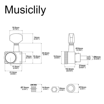 Musiclily Pro R18K-06 Lefty 6 inline 18:1 Sealed 2-Pin Locking Tuners Gold