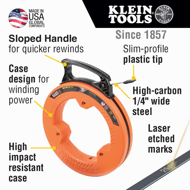 Klein Tools 56335 Flat Steel Electrical Fish Tape, 25-Foot 1/4-Inch Wide Spring