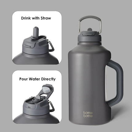BOTTLE BOTTLE 2Litre Insulated Large Water Bottle with Straw and Dual-use Lid Half Gallon(64oz) Water Jug Stainless Steel Big Water Bottles with Handle for Gym and Sports (Gray)