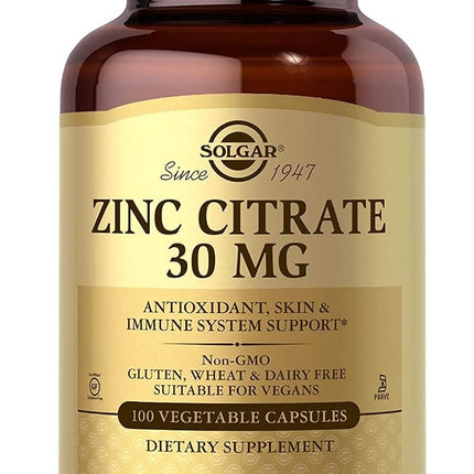 Solgar Zinc Citrate 30mg - Healthy Skin, Hair & Nails - Antioxidant - Healthy Brain Function - Vegan - 100 Vegetable Capsules