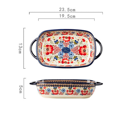 Bicuzat Vintage Flowers Style Ceramic Bakeware Casserole Dish Baking Pan Lasagna Pans Baking Dish with Handles for Oven/Cooking/Kitchen-1 PCS-Red Flowers-22 OZ