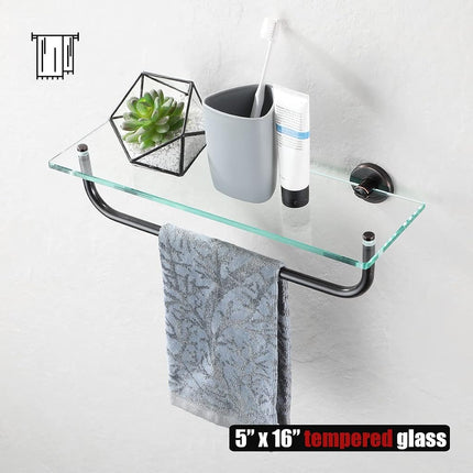 JQK TGS100-ORB Bronze Tempered Glass Bathroom Shelf, Shelf with 15" Towel Bar, 16" x 5" Tempered Glass Shower Storage, Steel Wall Bracket