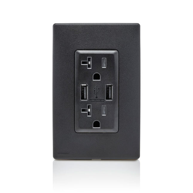 Leviton RUAA2-OB Renu USB Charger/Tamper-Resistant Duplex Outlet, 20A-125VAC, Onyx Black