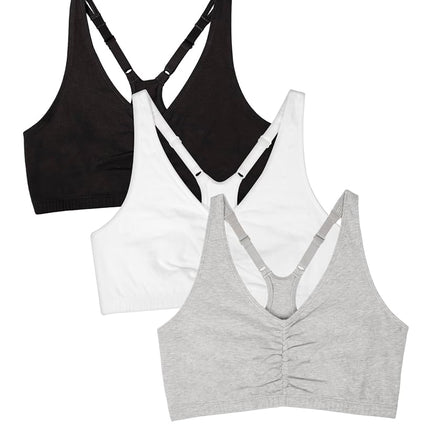 Soutien-gorge de sport dos nageur ajustable froncé sur le devant Fruit of the Loom pour femme, lots multiples, teinte Gris chiné/Blanc/Noir, 40