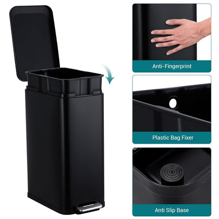 MilleLoom 13.2 Gallon / 50L Kitchen Trash Can, Slim Stainless Steel Garbage Can with Removable Inner Bucket, Fingerprint-Proof Step Rubbish Bin with Soft-Close Lid for Narrow Space, Black