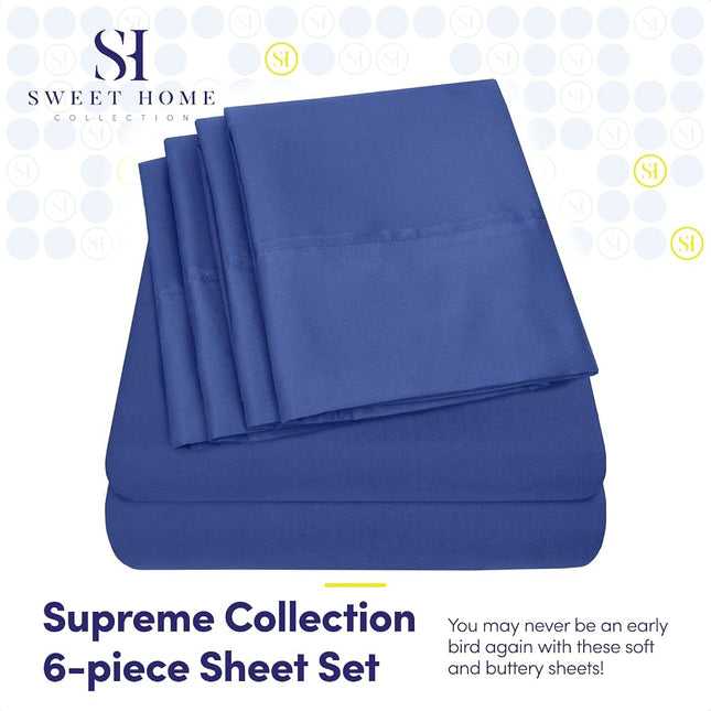 Sweet Home Collection 6 Piece 1500 Thread Count Brushed Microfiber Deep Pocket Sheet Set-2 Extra Pillow Cases, Value, RV Short Queen, Royal Blue