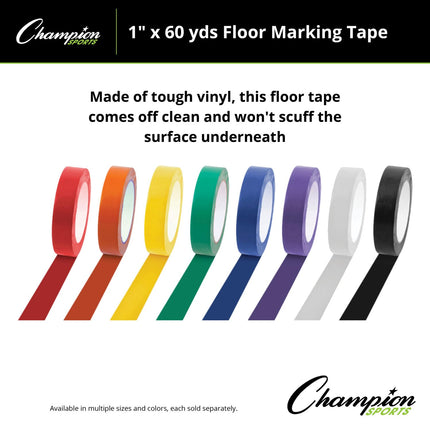 Champion Sports Vinyl Tape, 1” Wide x 60 Yards Long, Black - Durable Floor Marking Tape - Schools, Gyms, Restaurants