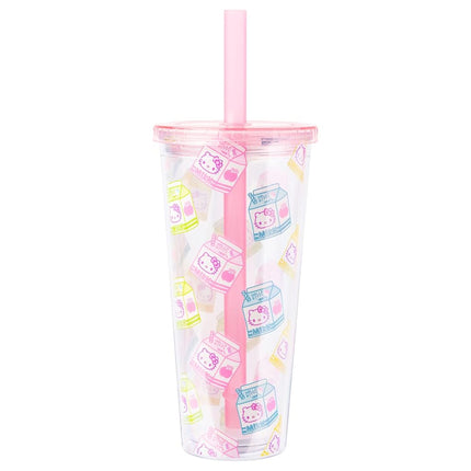 Silver Buffalo Sanrio Hello Kitty Milk Carton Pattern Plastic Boba Tumbler w Lid and Wide Straw, 24 Ounces