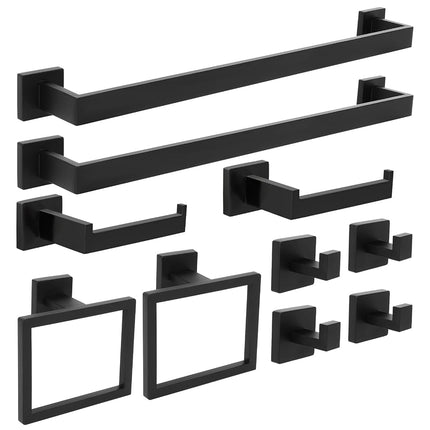 FAHKNS Juego de accesorios de baño de 10 piezas, juego de barra de toalla de baño de acero inoxidable de 60 cm, juego de aro de toalla cuadrado para montaje en pared de baño, negro