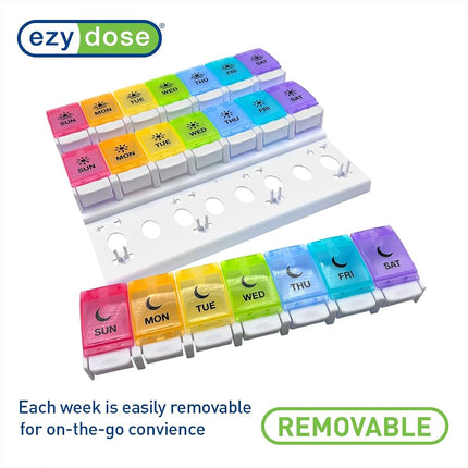 EZY DOSE Weekly (7-Day) Pill Case, Medicine Planner, Vitamin Organizer Box, Daily Planner, Push Button Compartments, Convenient and Easy to Use, 3 Times a Day, Rainbow Lids, BPA Free