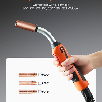 Pistola de soldadura Mig VEVOR de 250 amperios con cable de 4.5 m, compatible con soldadoras Millermatic 200, 210, 212, 250, 250X, 251, 252, adecuada para alambres de soldadura de 0.030", 0.035" y 0.045"
