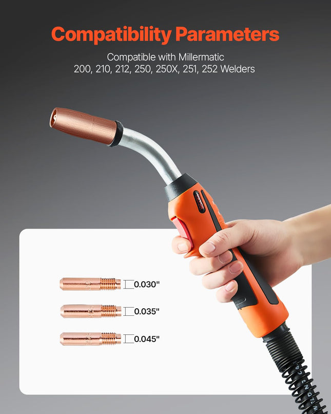 Pistola de soldadura Mig VEVOR de 250 amperios con cable de 4.5 m, compatible con soldadoras Millermatic 200, 210, 212, 250, 250X, 251, 252, adecuada para alambres de soldadura de 0.030", 0.035" y 0.045"
