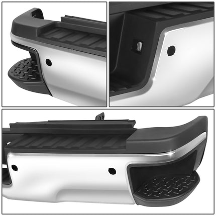 DNA MOTORING Rear Bumper Compatible with 15-19 Silverado Sierra 2500HD 3500HD w/Dual Rear Wheels Hitch Bar & Rear Parking Sensor Holes, Chrome/Black, STEPBUM-10062