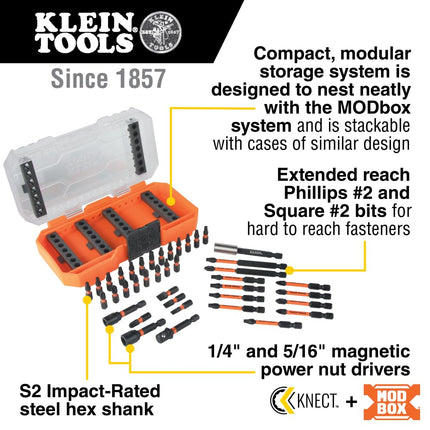 Klein Tools 33801 Impact Driver Bit Set with Proflex, S2 Steel Phillips, Slotted, Square, TORX Bits with Case, MODbox Compatible, 40-Piece