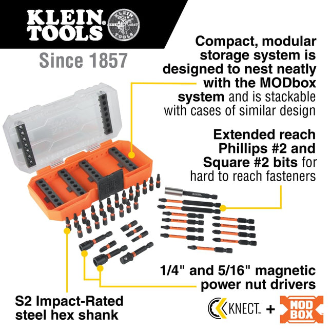 Klein Tools 33801 Impact Driver Bit Set with Proflex, S2 Steel Phillips, Slotted, Square, TORX Bits with Case, MODbox Compatible, 40-Piece
