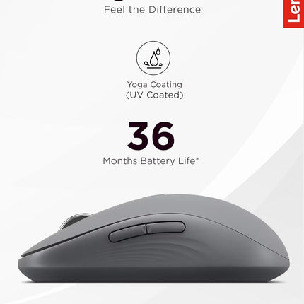 Lenovo Yoga Bluetooth Silent Mouse, 3 Level DPI Adjustment, 36 Month Battery Life, Bluetooth 5.3, 3 Device Paring, Whisper Quiet, Programmable Buttons, Smooth Finish, Luna Grey