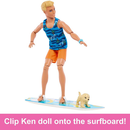 Ken Doll with Surfboard and Pet Puppy, Poseable Blonde Barbie Ken Beach Doll with Themed Accessories like Towel, HPT50