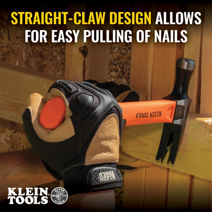 Klein Tools H80718 Straight-Claw Hammer with Smooth Head, 18-Ounce, Fiberglass Non-Slip Shock Absorbing Grip Handle with Tether Hole, 15-Inch