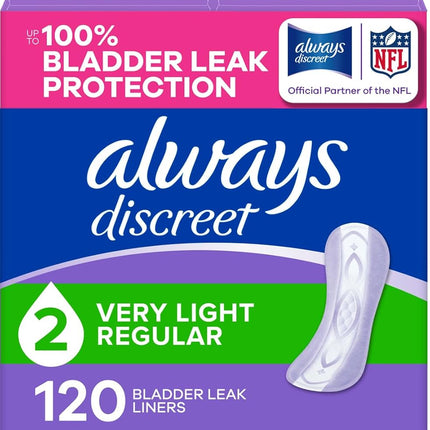 Always Discreet Incontinence Panty Liners for Women with Bladder Leaks, Size 2, Very Light Absorbency, 120 Count