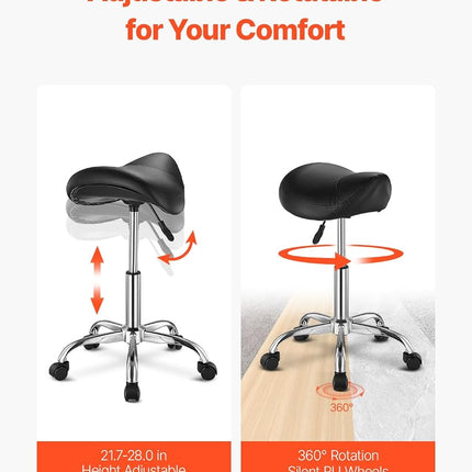 VEVOR Saddle Rolling Stool, PU Leather Rolling Stool with Wheels, 360° Swivel Drafting Stool with Thickened Cushion, Height Adjustable Rolling Work SPA Stool, for Office, Home, Salon & Bar, Black