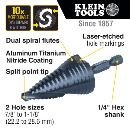 Klein Tools QRST11 Step Drill Bit, Quick Release Spiral Double-Fluted, 7/8 to 1-1/8-Inch, Hex Shank, Cut Steel, Wood, Plastic, Aluminum