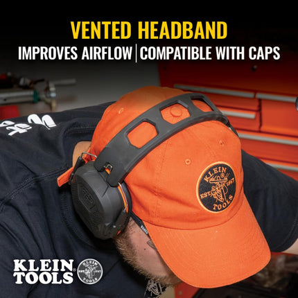 Klein Tools 60570 Hearing Protection Earmuffs, NRR 27dB, Ultra Thin Adjustable Safety Earmuffs Over The Head for Noisy Job Sites
