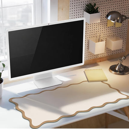 Hahafelt Scalloped Desk Mat Large Scalloped Piping Cute Desk Mat Aesthetic Preppy Table Pad Large Nonslip Pad with Edge Stitching Waterproof Gaming(Beige,31.5 x 15.75 Inches)