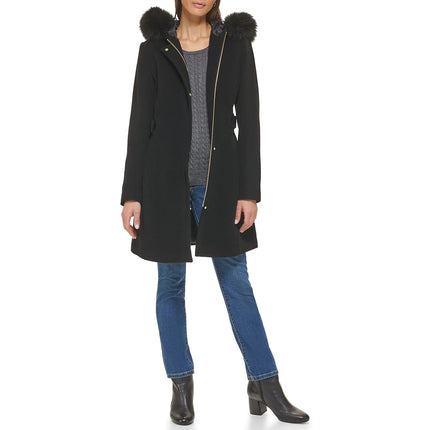 Cole Haan Womens Hooded Coat Slick Wool With Detatchable Faux Fur TrimDown Coat, Black, 14