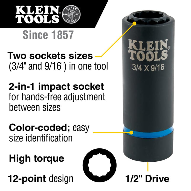 Klein Tools 66001 2-in-1 Impact Socket, Socket Wrench Sizes 3/4-Inch and 9/16-Inch Hex, 12-Point Deep Socket with 1/2-Inch Drive