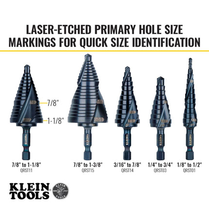 Klein Tools QRST11 Step Drill Bit, Quick Release Spiral Double-Fluted, 7/8 to 1-1/8-Inch, Hex Shank, Cut Steel, Wood, Plastic, Aluminum