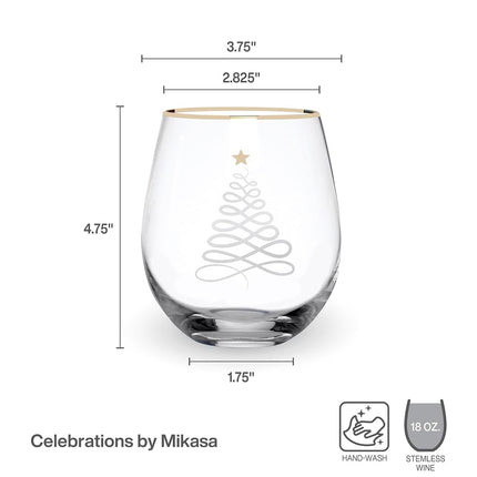 Celebrations by Mikasa Holiday Christmas Trees Stemless Wine, Set of 4, 18 Ounce
