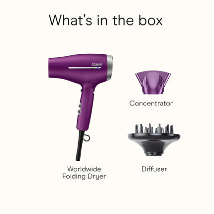 Conair Hair Dryer, Worldwide Travel Hair Dryer with Smart Voltage Technology and Folding Handle, Includes Diffuser and Concentrator, Purple