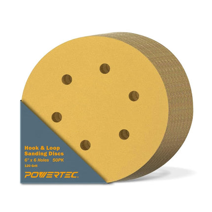 POWERTEC 45212G-50 6-Inch 6 Hole 120 Grit Hook and Loop Sanding Discs, Gold, 50-Pack