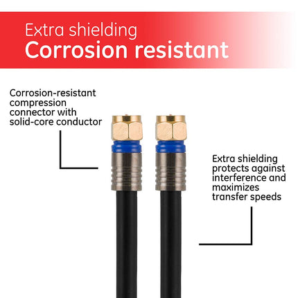 GE RG6 Coaxial Cable, 100 ft. F-Type Connectors, Quad Shielded Coax Cable, 3 GHz Digital, In-Wall Rated, Ideal for TV Antenna, DVR, VCR, Satellite, Cable Box, Home Theater, Black, 34842