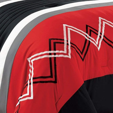 Chezmoi Collection Arden 7-Piece Modern Pleated Stripe Embroidered Zigzag Bedding Comforter Set (Full, Red/Black/Gray/Off-White)