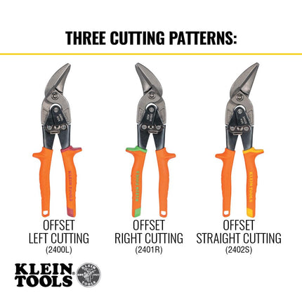 Klein Tools 2401R Right-Cutting Offset Snips, Aviation Tin Snips with Forged Blade for Precision Sheet Metal Cutting