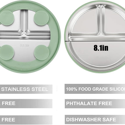 PandaEar 3 Pack Stainless Steel Baby Suction Plates with Lids (Blue)