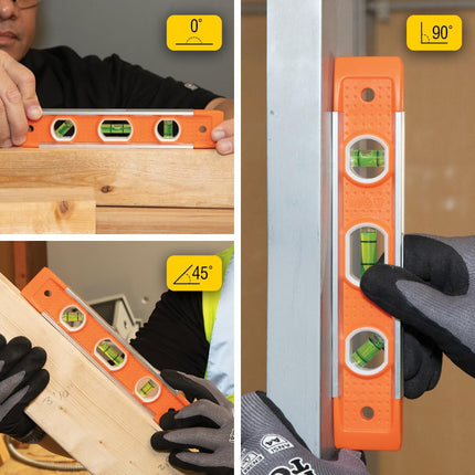 Klein Tools 935 Level, 9-Inch Magnetic Torpedo Level with 0/45/90 Degree Vials and V-Groove, Tapered Nose