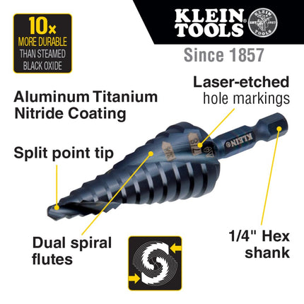 Klein Tools QRST3PC 3-Piece Impact Step Drill Bit Set with Cutting Oil and Modular Case, 1/2 to 7/8-Inch, Quick Release Hex Shank
