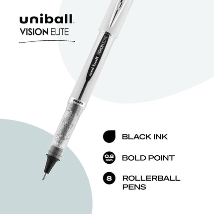 UNIBALL Vision Elite Rollerball Pens, Black, Bold, Fine Point, 0.8mm Ink, Pack of 8, Office Supplies