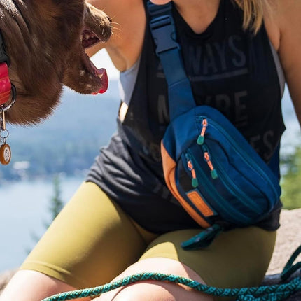 Wilderdog Utility Fanny Pack stores Treats, Balls, Keys in 3 Pockets with adjustable strap and Poop Bag dispenser, Pacific Blue, one size, Dog Walking Fanny Pack