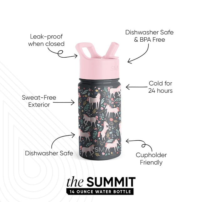 Simple Modern 14oz Summit Kids Water Bottles with Straw Lid Sippy Cup - Dishwasher Safe Vacuum Insulated Tumbler Double Wall Travel Mug 18/8 Stainless Steel Flask - Unicorn Fields