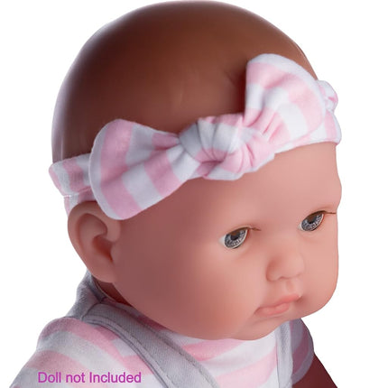 Berenguer Grey overall shorts with pink stripes, headband and booties.